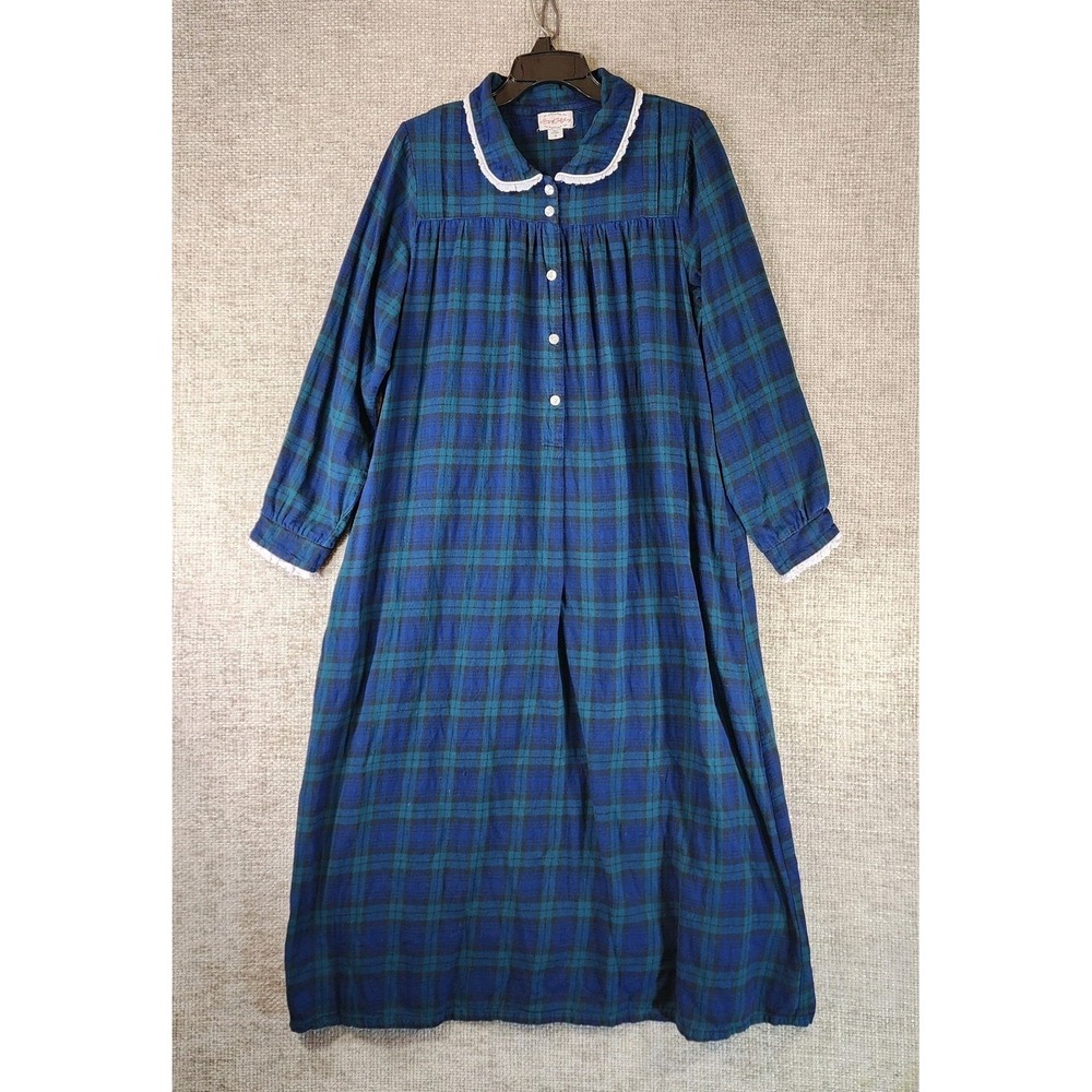 Lanz of Salzburg 100% Cotton Flannel Nightgown Womens M Blue Green Plaid